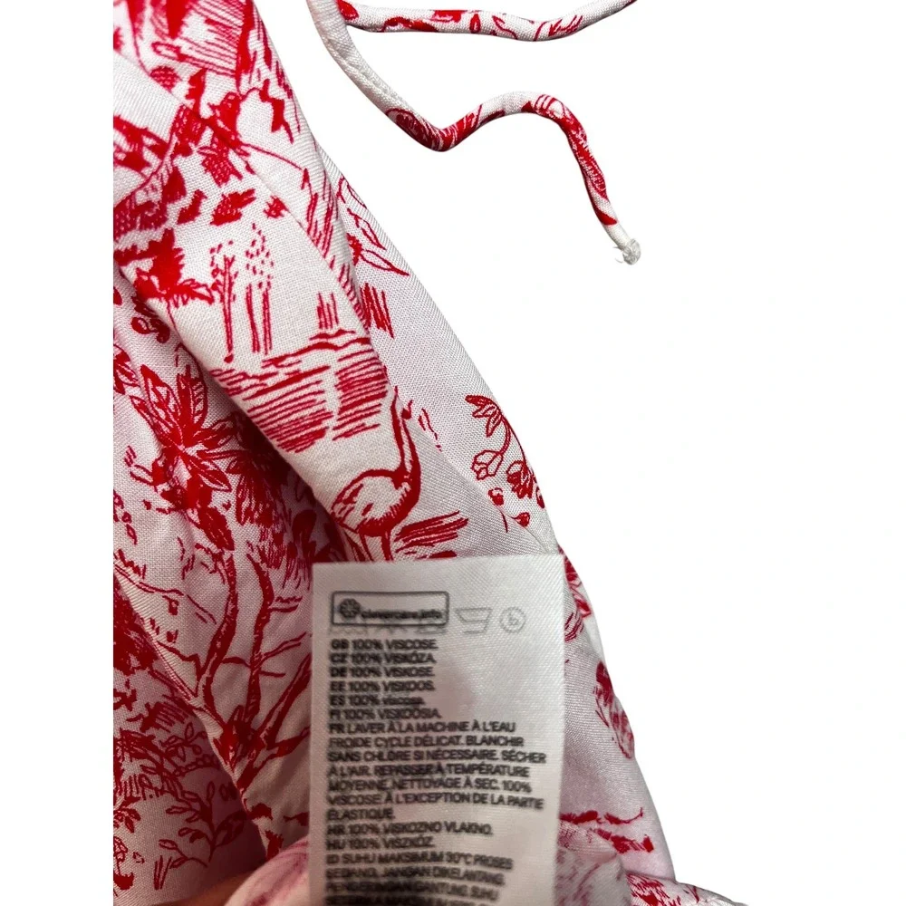HM LOGG Red White Tropical Toile Tiered Midi Dress‎ V-Neck Drawstring Medium
